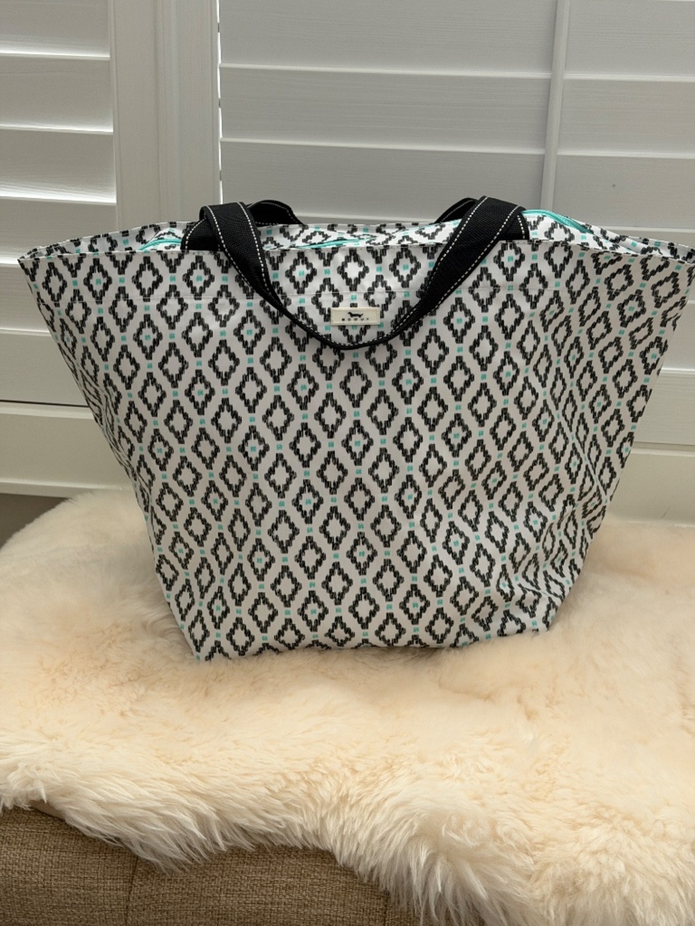 SCOUT Weekender Large Tote – Black White Turquoise Geometric Ikat Print